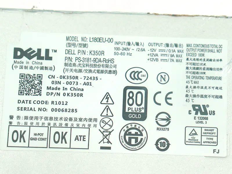 Dell 780 790 990 7010 9010 180W電源用PSU L180EU-00 F180EU-00 L200EU-00 F200EU-00 C0G5T 6YWW7 M178R