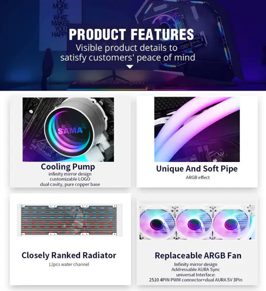 Sama Custom Argb Pipes 240 Rainbow Addressable Rgb Aio Cpu Water Liquid Cooling Fan Radiator Block Plate Kit System